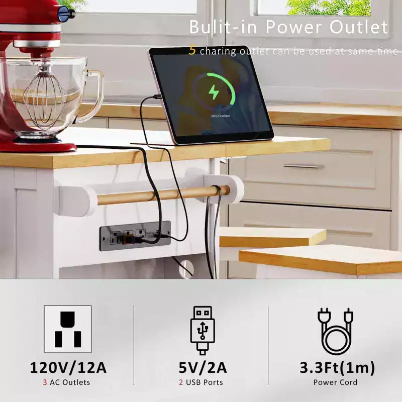 Isla de cocina rústica en negro/gris azulado/blanco con extensión plegable, con capacidad para 2 personas