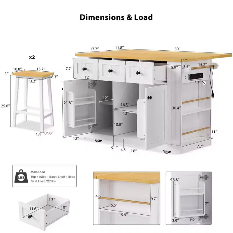 Isla de cocina rústica en negro/gris azulado/blanco con extensión plegable, con capacidad para 2 personas