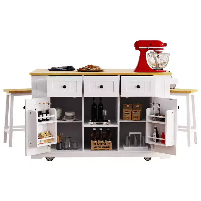Isla de cocina rústica en negro/gris azulado/blanco con extensión plegable, con capacidad para 2 personas