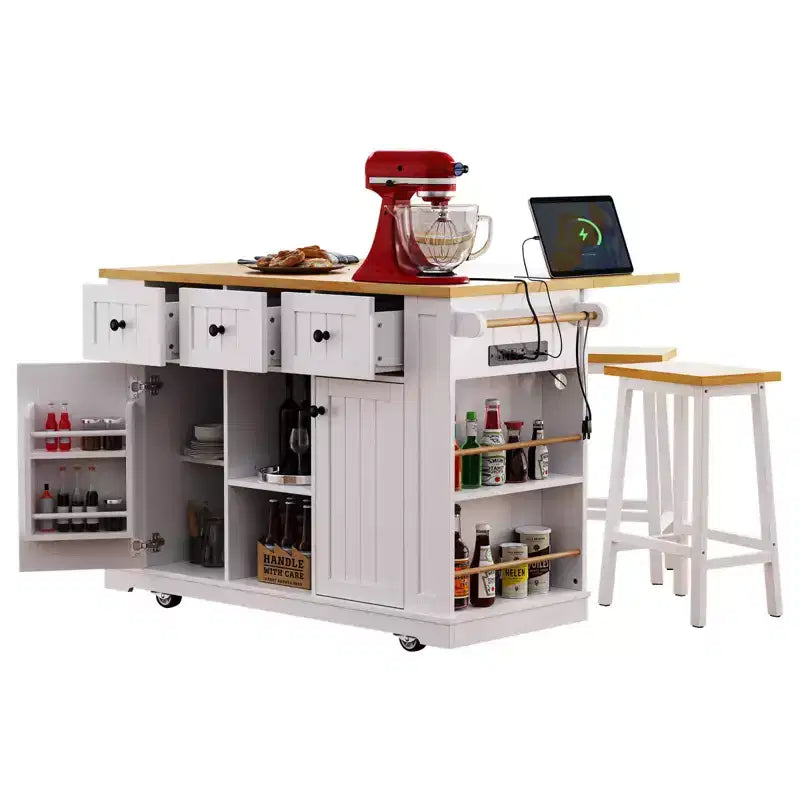 Isla de cocina rústica en negro/gris azulado/blanco con extensión plegable, con capacidad para 2 personas