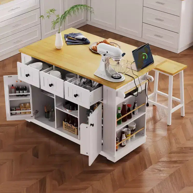Isla de cocina rústica en negro/gris azulado/blanco con extensión plegable, con capacidad para 2 personas