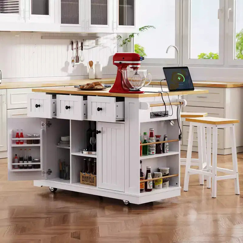 Isla de cocina rústica en negro/gris azulado/blanco con extensión plegable, con capacidad para 2 personas