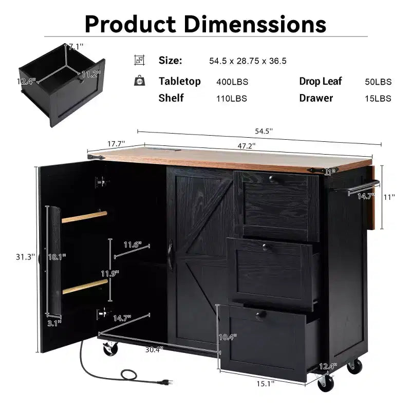 Isla de cocina rústica en negro/gris azulado/blanco con extensión plegable, con capacidad para 2 personas