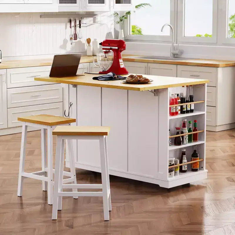 Isla de cocina rústica en negro/gris azulado/blanco con extensión plegable, con capacidad para 2 personas