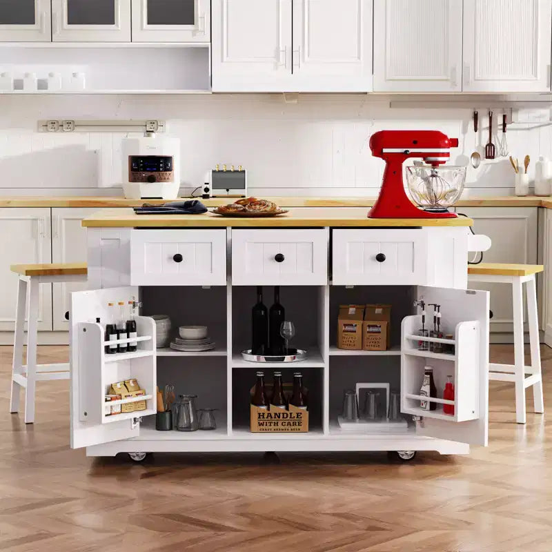 Isla de cocina rústica en negro/gris azulado/blanco con extensión plegable, con capacidad para 2 personas