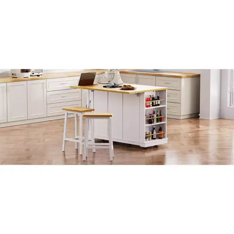 Isla de cocina rústica en negro/gris azulado/blanco con extensión plegable, con capacidad para 2 personas