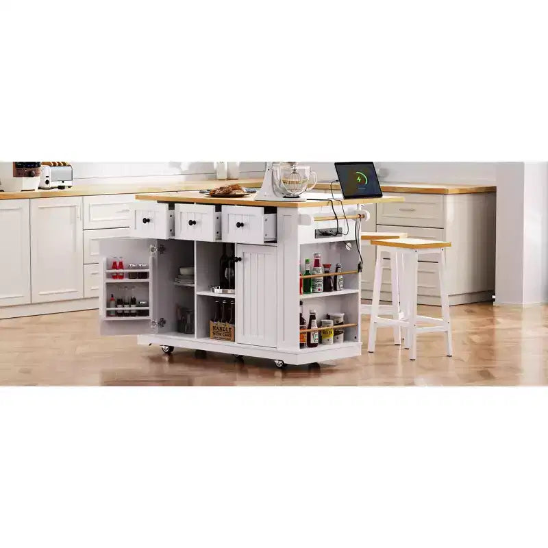 Isla de cocina rústica en negro/gris azulado/blanco con extensión plegable, con capacidad para 2 personas