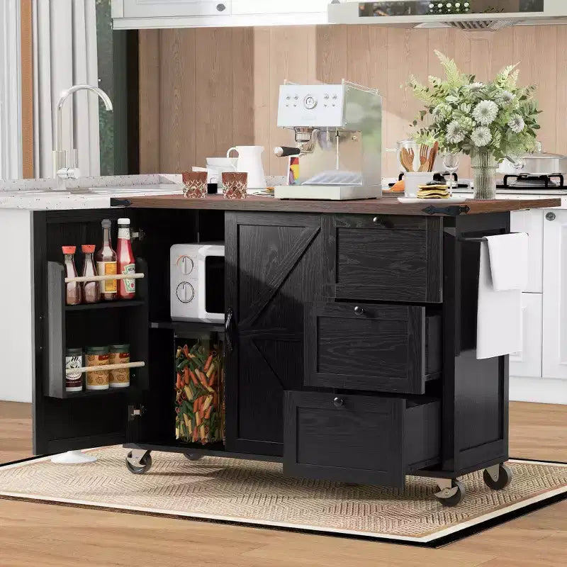 Isla de cocina rústica en negro/gris azulado/blanco con extensión plegable, con capacidad para 2 personas