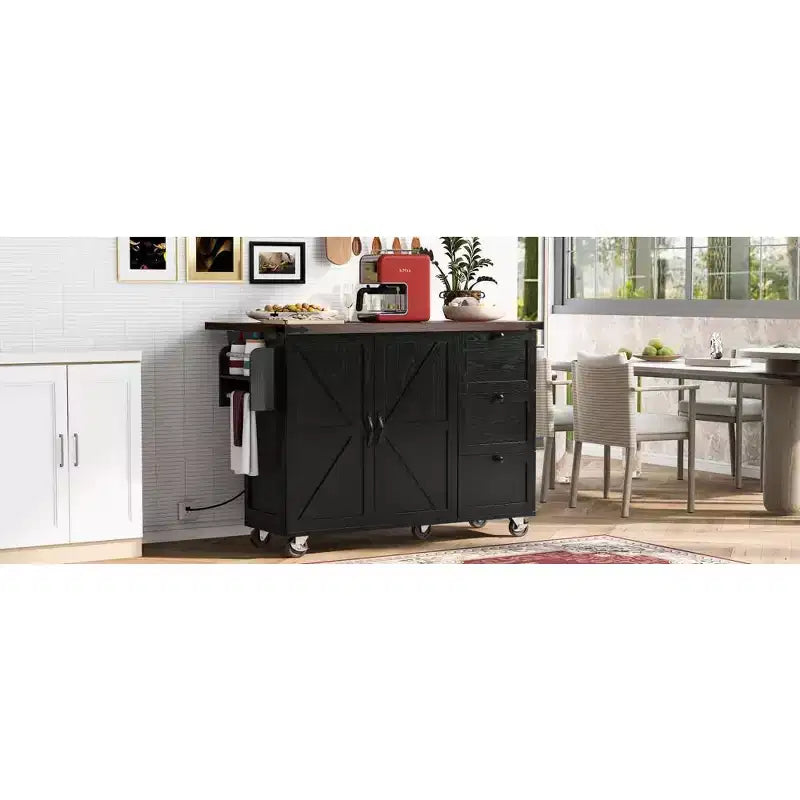 Isla de cocina rústica en negro/gris azulado/blanco con extensión plegable, con capacidad para 2 personas