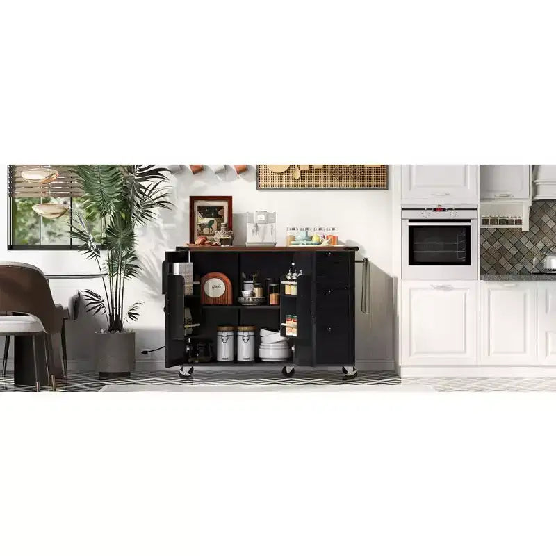 Isla de cocina rústica en negro/gris azulado/blanco con extensión plegable, con capacidad para 2 personas