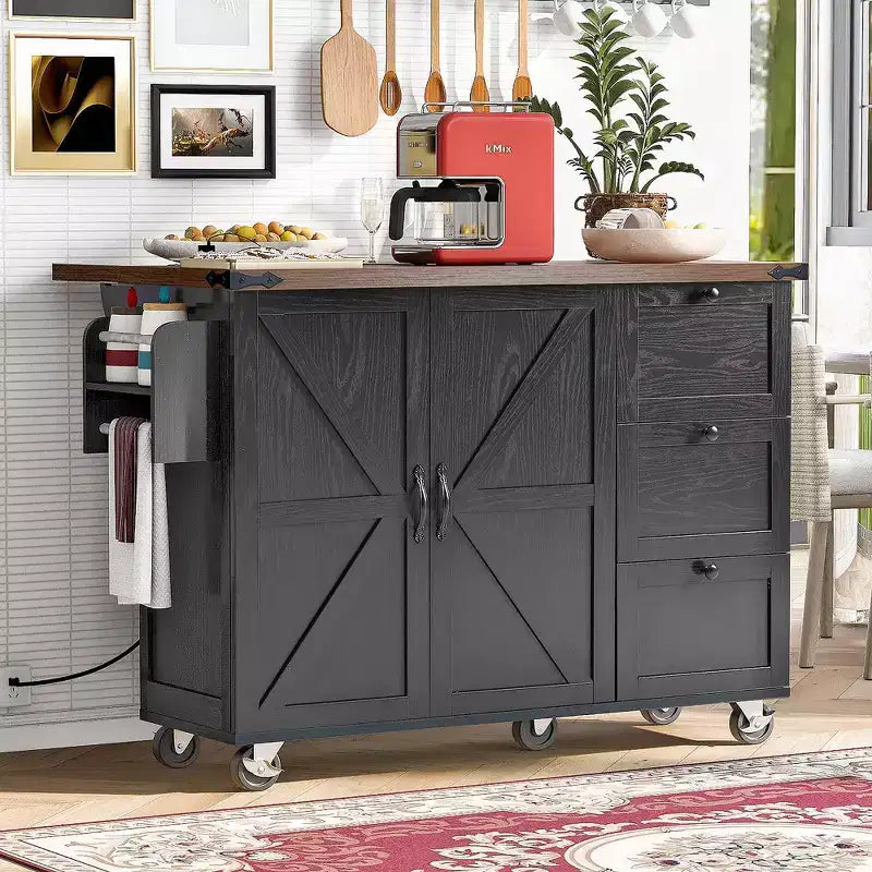 Isla de cocina rústica en negro/gris azulado/blanco con extensión plegable, con capacidad para 2 personas