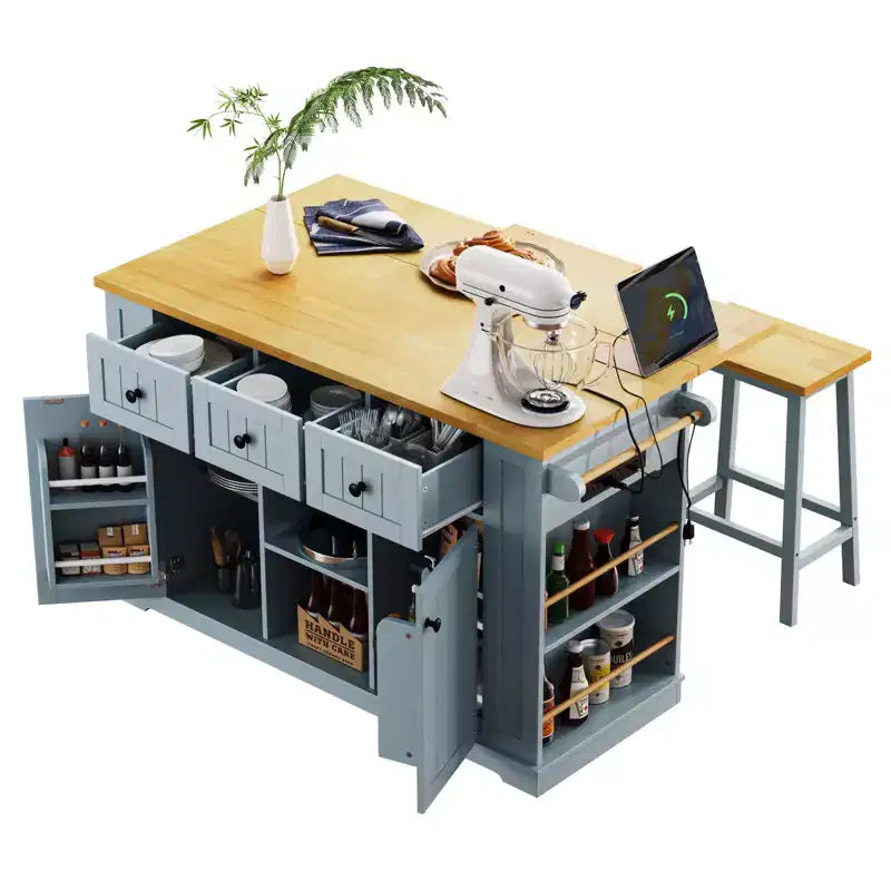 Isla de cocina rústica en negro/gris azulado/blanco con extensión plegable, con capacidad para 2 personas