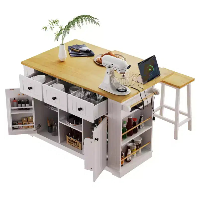 Isla de cocina rústica en negro/gris azulado/blanco con extensión plegable, con capacidad para 2 personas