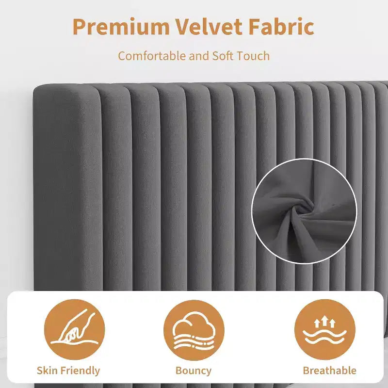 Cama de plataforma tapizada con canales verticales, Negra / Gris Claro / Rosa, Individual / Matrimonial / Queen / King, No necesita somier, Requiere montaje por 2 personas