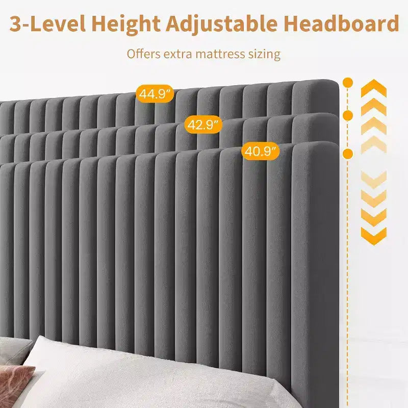 Cama de plataforma tapizada con canales verticales, Negra / Gris Claro / Rosa, Individual / Matrimonial / Queen / King, No necesita somier, Requiere montaje por 2 personas