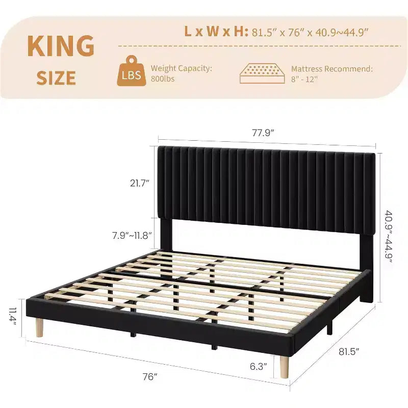 Cama de plataforma tapizada con canales verticales, Negra / Gris Claro / Rosa, Individual / Matrimonial / Queen / King, No necesita somier, Requiere montaje por 2 personas
