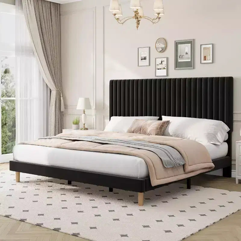 Cama de plataforma tapizada con canales verticales, Negra / Gris Claro / Rosa, Individual / Matrimonial / Queen / King, No necesita somier, Requiere montaje por 2 personas