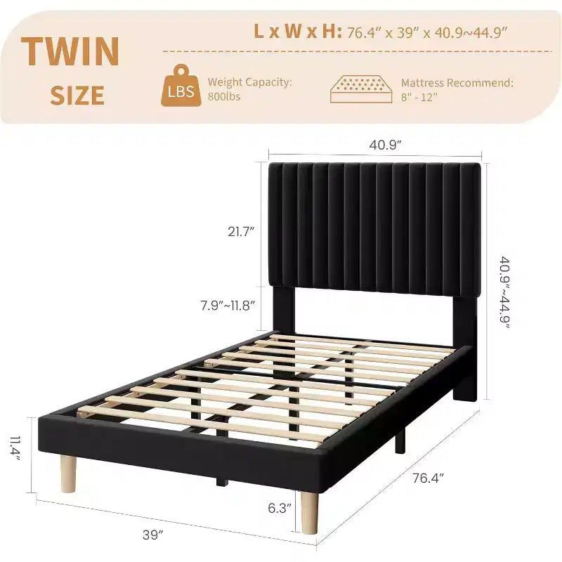 Cama de plataforma tapizada con canales verticales, Negra / Gris Claro / Rosa, Individual / Matrimonial / Queen / King, No necesita somier, Requiere montaje por 2 personas