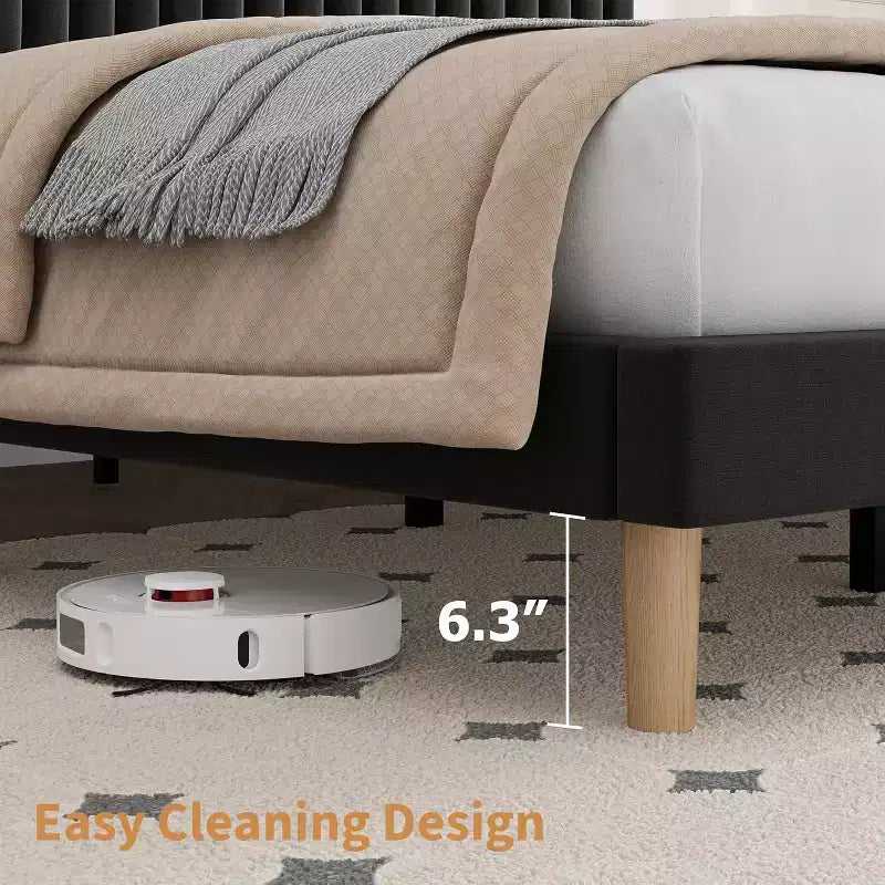 Cama de plataforma tapizada con canales verticales, Negra / Gris Claro / Rosa, Individual / Matrimonial / Queen / King, No necesita somier, Requiere montaje por 2 personas