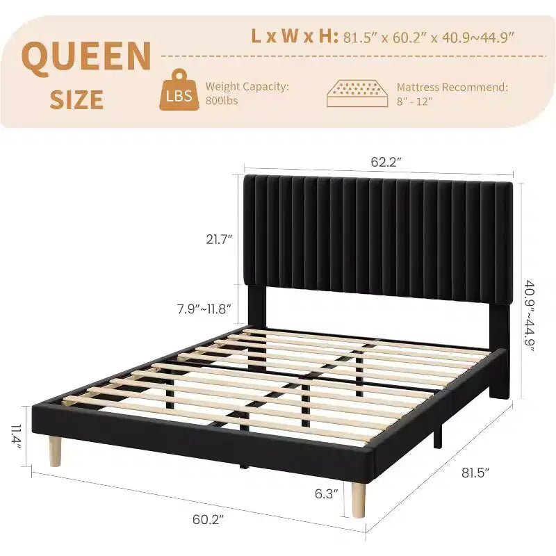 Cama de plataforma tapizada con canales verticales, Negra / Gris Claro / Rosa, Individual / Matrimonial / Queen / King, No necesita somier, Requiere montaje por 2 personas