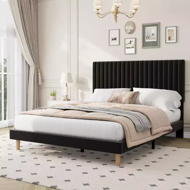 Cama de plataforma tapizada con canales verticales, Negra / Gris Claro / Rosa, Individual / Matrimonial / Queen / King, No necesita somier, Requiere montaje por 2 personas