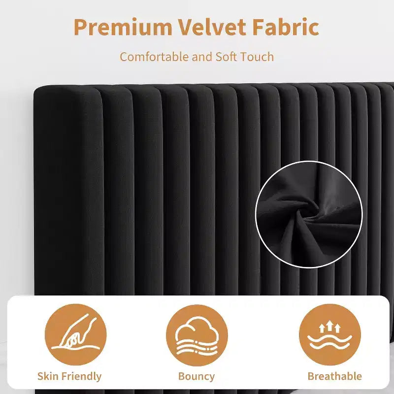 Cama de plataforma tapizada con canales verticales, Negra / Gris Claro / Rosa, Individual / Matrimonial / Queen / King, No necesita somier, Requiere montaje por 2 personas