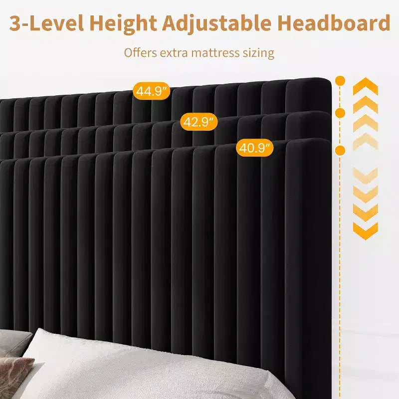 Cama de plataforma tapizada con canales verticales, Negra / Gris Claro / Rosa, Individual / Matrimonial / Queen / King, No necesita somier, Requiere montaje por 2 personas
