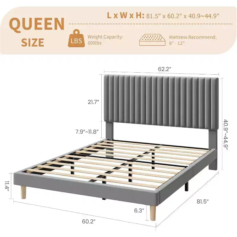 Cama de plataforma tapizada con canales verticales, Negra / Gris Claro / Rosa, Individual / Matrimonial / Queen / King, No necesita somier, Requiere montaje por 2 personas