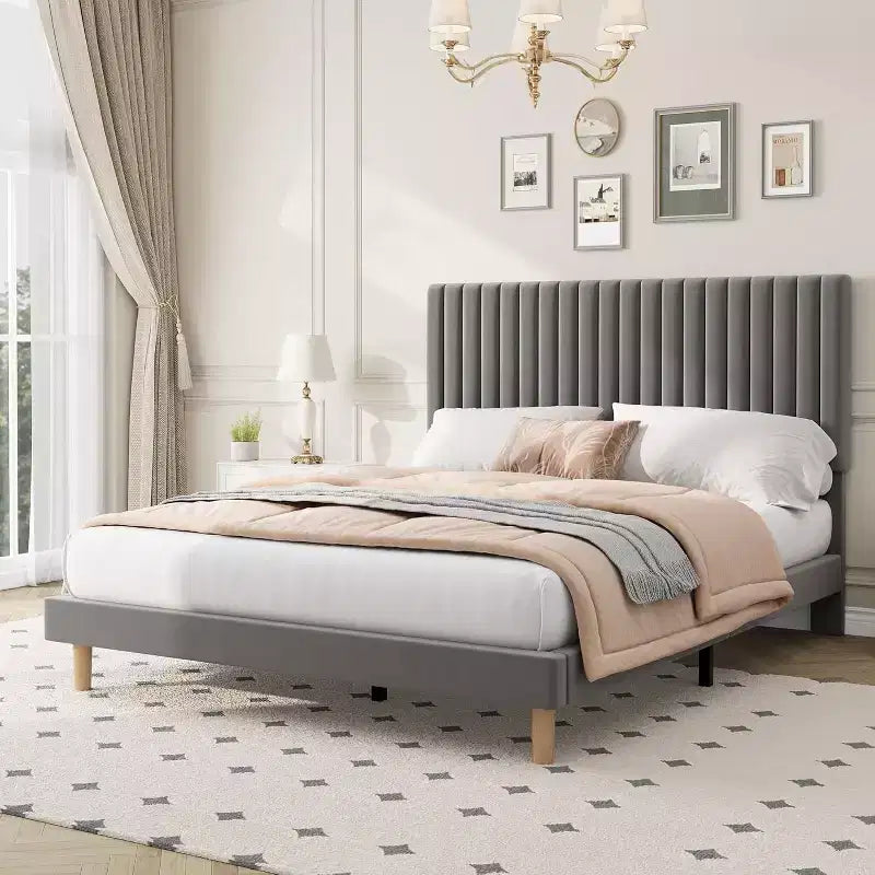 Cama de plataforma tapizada con canales verticales, Negra / Gris Claro / Rosa, Individual / Matrimonial / Queen / King, No necesita somier, Requiere montaje por 2 personas
