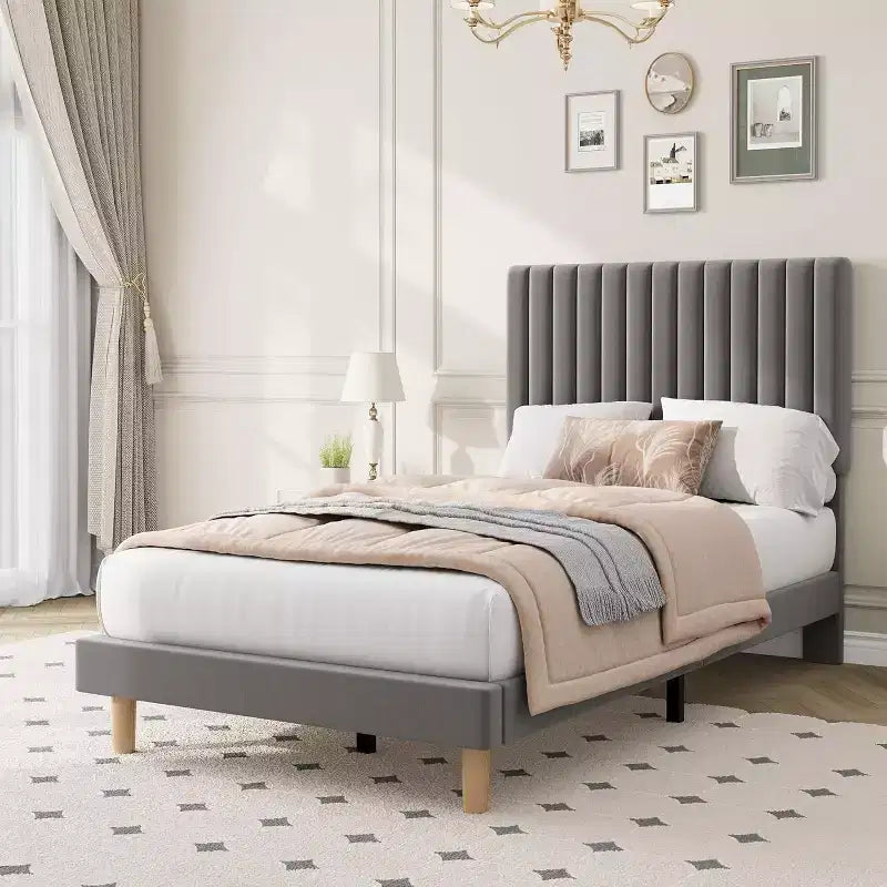 Cama de plataforma tapizada con canales verticales, Negra / Gris Claro / Rosa, Individual / Matrimonial / Queen / King, No necesita somier, Requiere montaje por 2 personas
