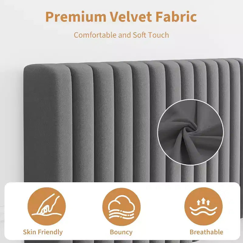 Cama de plataforma tapizada con canales verticales, Negra / Gris Claro / Rosa, Individual / Matrimonial / Queen / King, No necesita somier, Requiere montaje por 2 personas