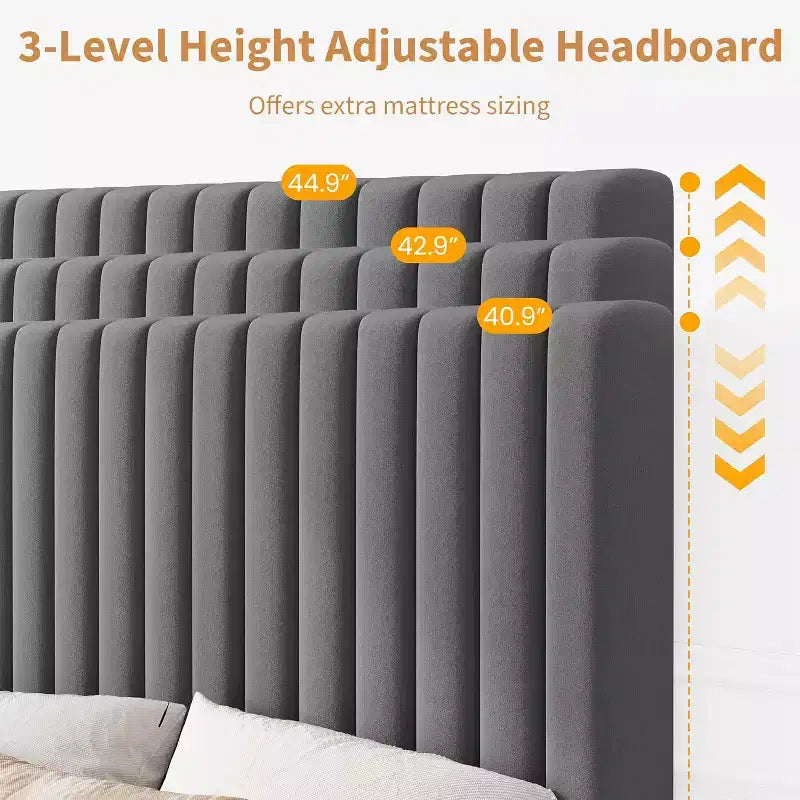 Cama de plataforma tapizada con canales verticales, Negra / Gris Claro / Rosa, Individual / Matrimonial / Queen / King, No necesita somier, Requiere montaje por 2 personas