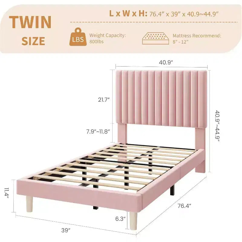 Cama de plataforma tapizada con canales verticales, Negra / Gris Claro / Rosa, Individual / Matrimonial / Queen / King, No necesita somier, Requiere montaje por 2 personas