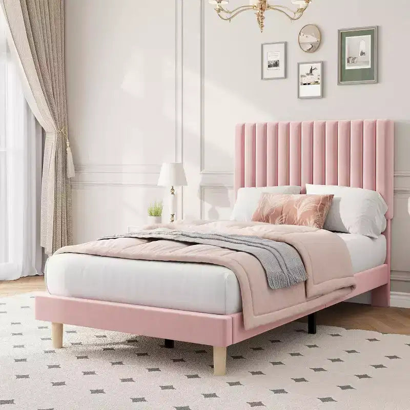 Cama de plataforma tapizada con canales verticales, Negra / Gris Claro / Rosa, Individual / Matrimonial / Queen / King, No necesita somier, Requiere montaje por 2 personas