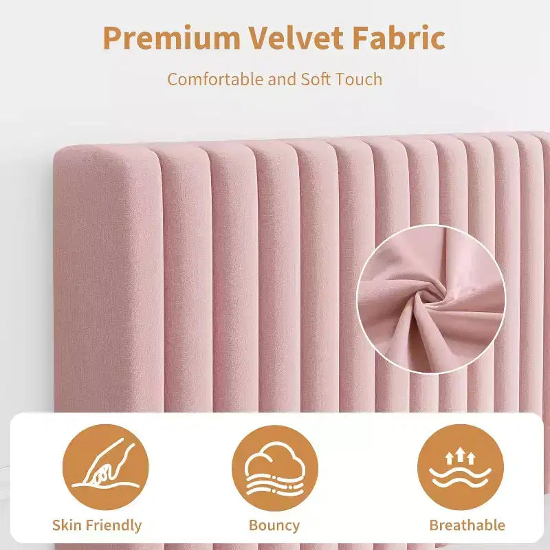 Cama de plataforma tapizada con canales verticales, Negra / Gris Claro / Rosa, Individual / Matrimonial / Queen / King, No necesita somier, Requiere montaje por 2 personas