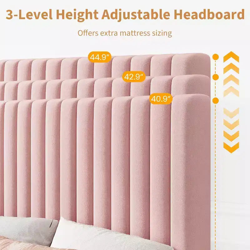 Cama de plataforma tapizada con canales verticales, Negra / Gris Claro / Rosa, Individual / Matrimonial / Queen / King, No necesita somier, Requiere montaje por 2 personas
