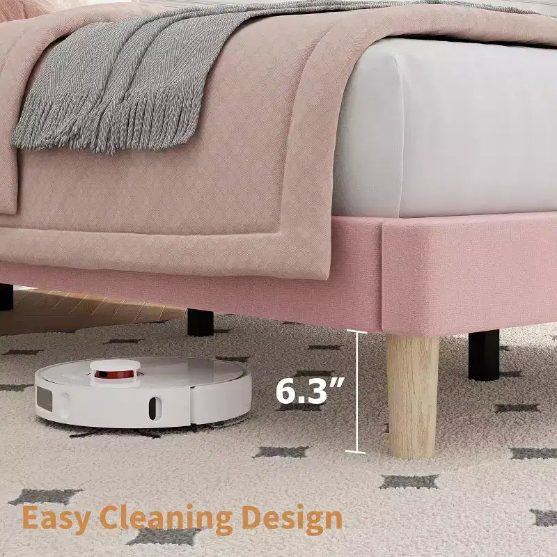 Cama de plataforma tapizada con canales verticales, Negra / Gris Claro / Rosa, Individual / Matrimonial / Queen / King, No necesita somier, Requiere montaje por 2 personas