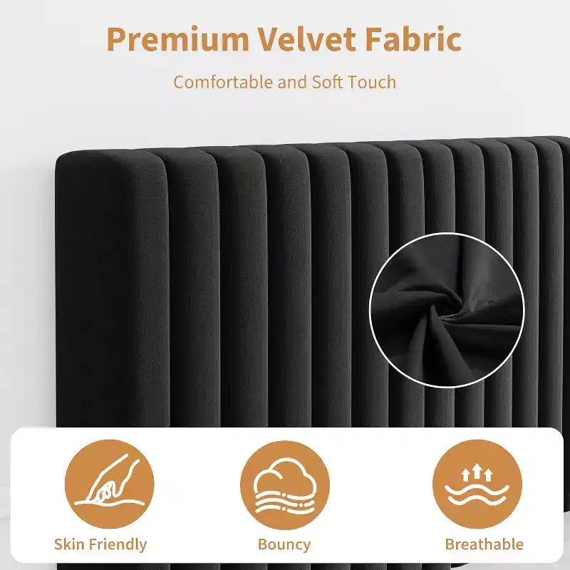 Cama de plataforma tapizada con canales verticales, Negra / Gris Claro / Rosa, Individual / Matrimonial / Queen / King, No necesita somier, Requiere montaje por 2 personas