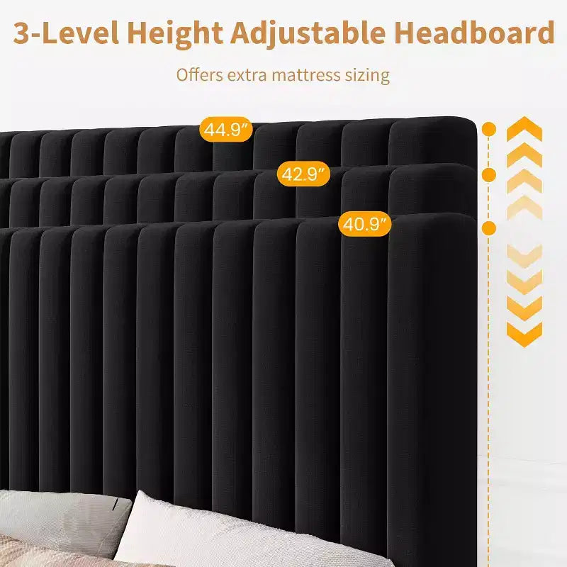 Cama de plataforma tapizada con canales verticales, Negra / Gris Claro / Rosa, Individual / Matrimonial / Queen / King, No necesita somier, Requiere montaje por 2 personas