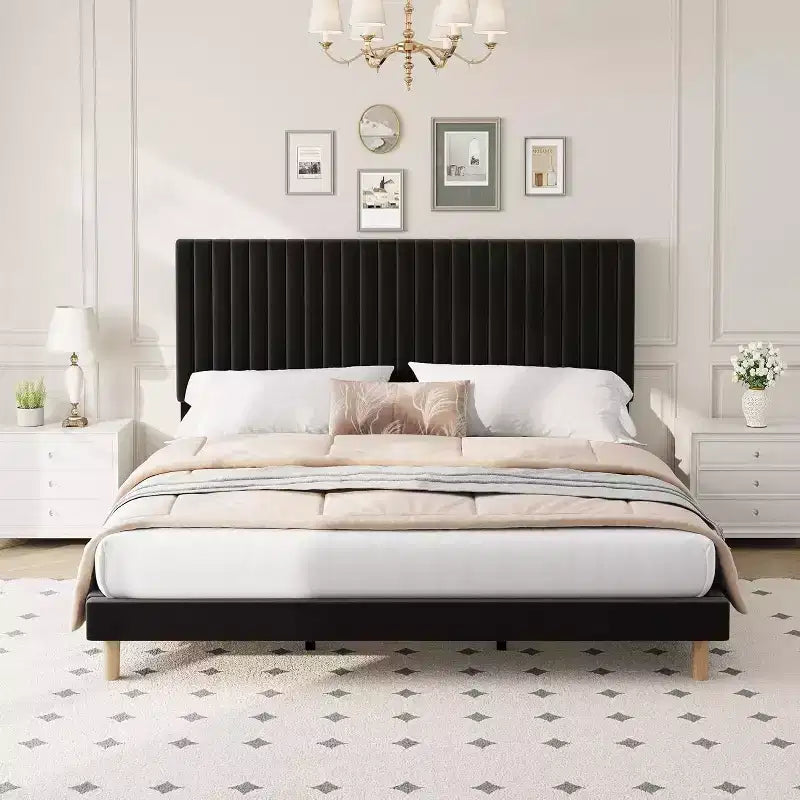 Cama de plataforma tapizada con canales verticales, Negra / Gris Claro / Rosa, Individual / Matrimonial / Queen / King, No necesita somier, Requiere montaje por 2 personas