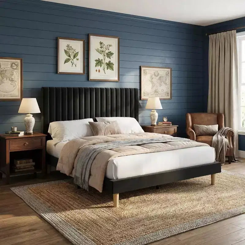 Cama de plataforma tapizada con canales verticales, Negra / Gris Claro / Rosa, Individual / Matrimonial / Queen / King, No necesita somier, Requiere montaje por 2 personas