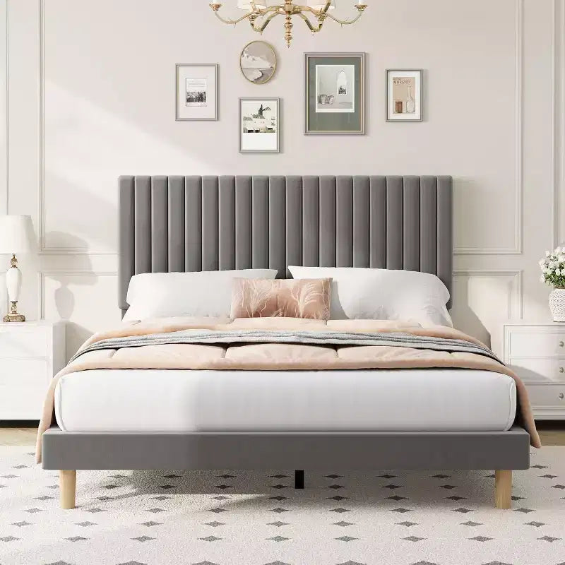 Cama de plataforma tapizada con canales verticales, Negra / Gris Claro / Rosa, Individual / Matrimonial / Queen / King, No necesita somier, Requiere montaje por 2 personas