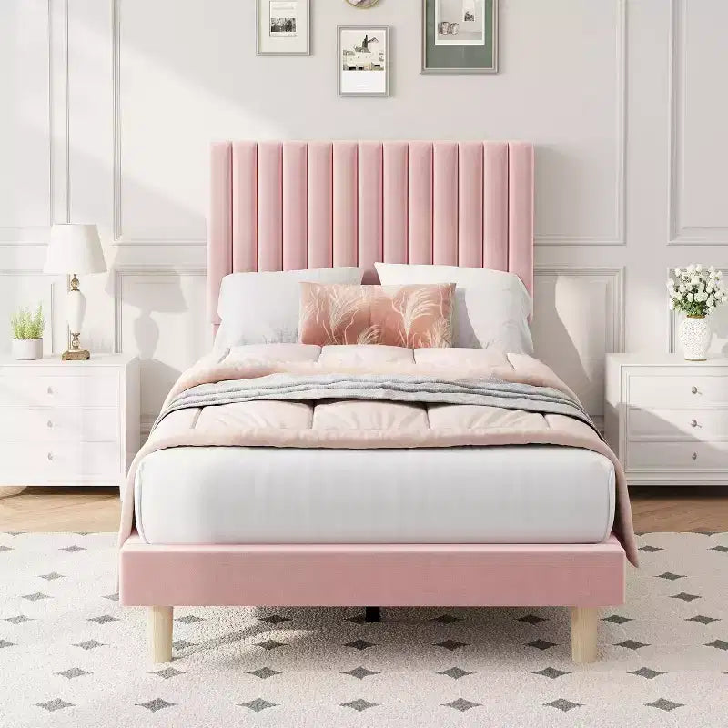 Cama de plataforma tapizada con canales verticales, Negra / Gris Claro / Rosa, Individual / Matrimonial / Queen / King, No necesita somier, Requiere montaje por 2 personas