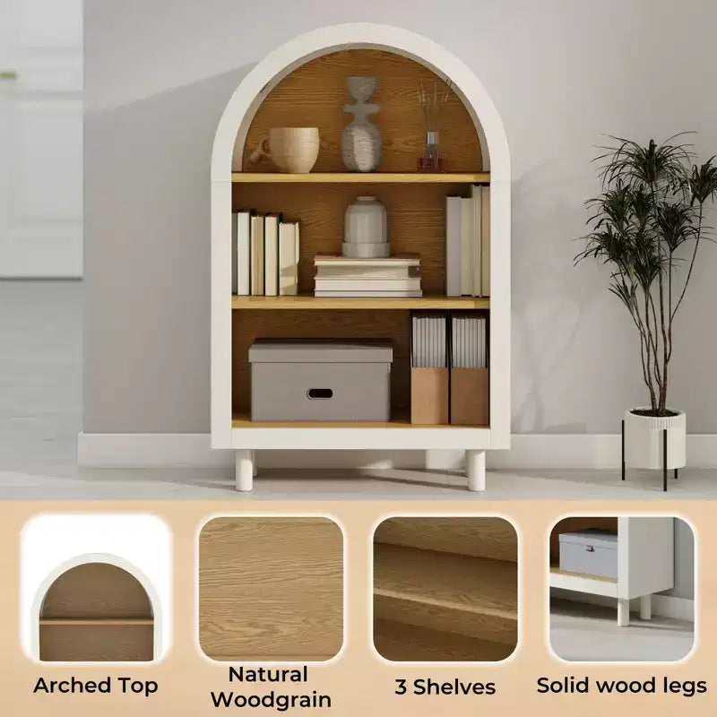 Estantería abierta de 3 niveles con diseño arqueado y vetas de madera blanca, individual