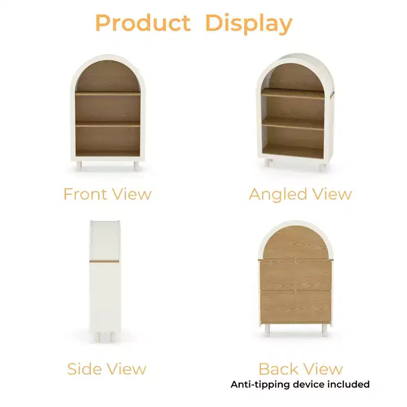 Estantería abierta de 3 niveles con diseño arqueado y vetas de madera blanca, individual