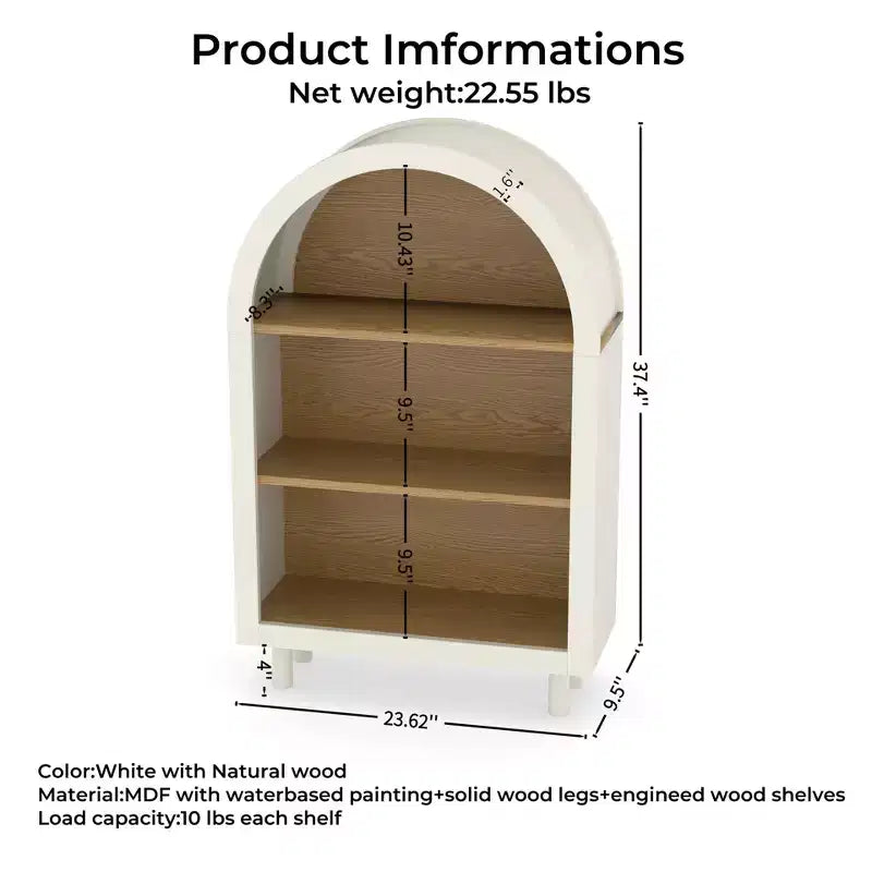 Estantería abierta de 3 niveles con diseño arqueado y vetas de madera blanca, individual