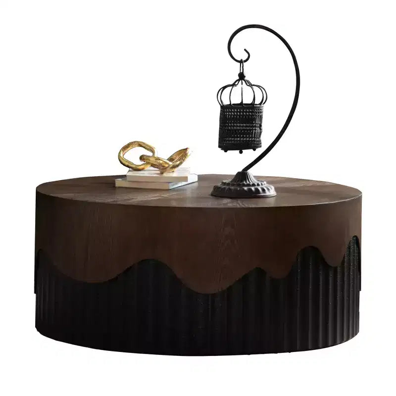 Mesa de centro redonda, nogal y negro, para 1-2 personas