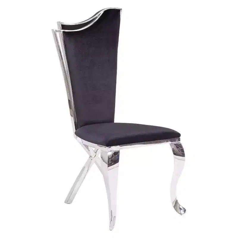 Silla auxiliar de comedor tapizada en cuero negro, estructura de acero inoxidable, capacidad para 1 persona