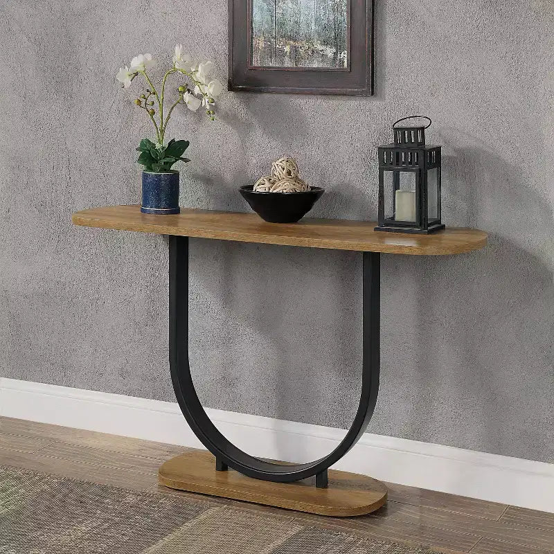 Mesa consola negra y marrón, industrial en forma de U, 1 pieza