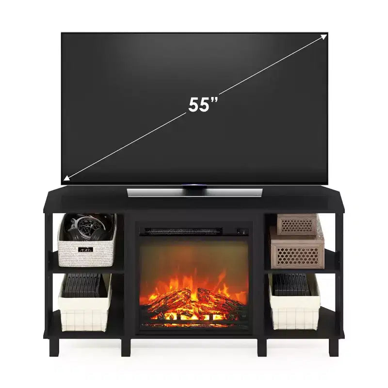 Mueble esquinero para TV Americano con chimenea eléctrica, 4 compartimentos abiertos, se adapta a TV de hasta 55", montaje para 1 persona